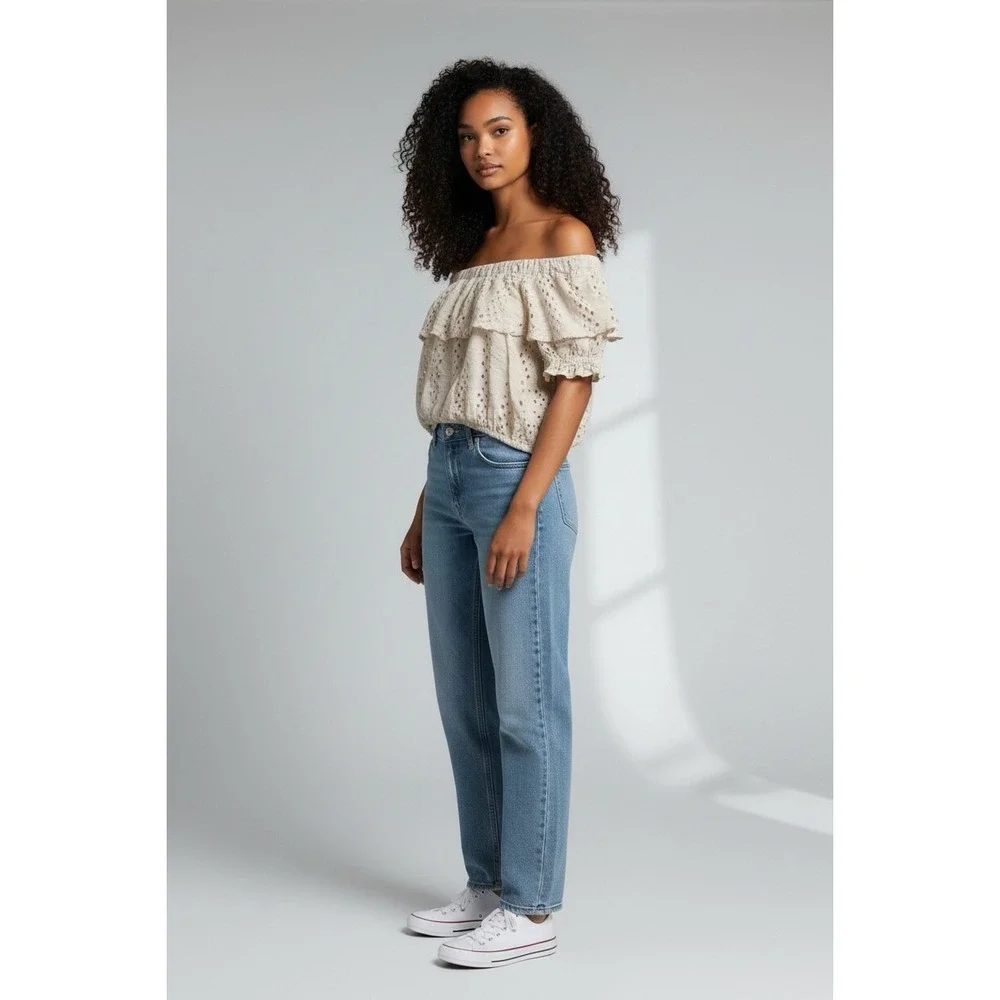 Free People Cream Eyelet Off The Shoulder Top Medium Ruffle Boho Cropped